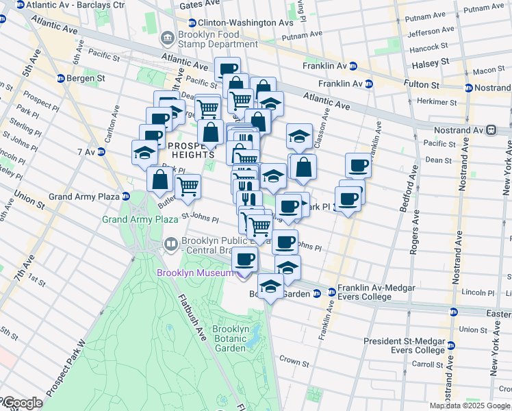 map of restaurants, bars, coffee shops, grocery stores, and more near 748 Washington Avenue in Brooklyn
