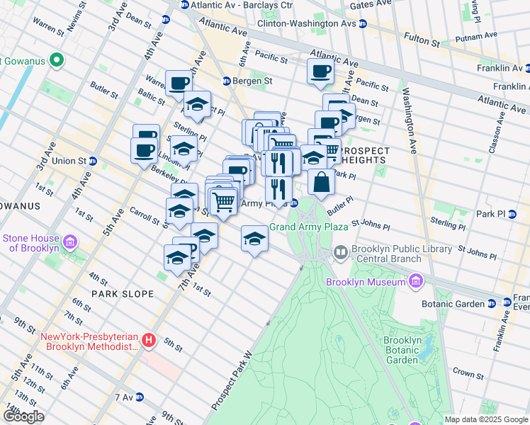 map of restaurants, bars, coffee shops, grocery stores, and more near 232 Saint Johns Place in Brooklyn
