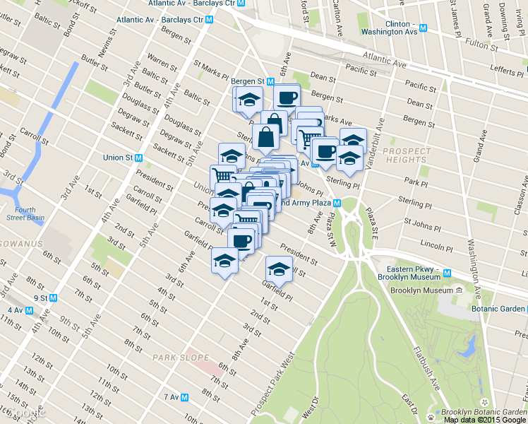 map of restaurants, bars, coffee shops, grocery stores, and more near 151 Berkeley Place in Brooklyn