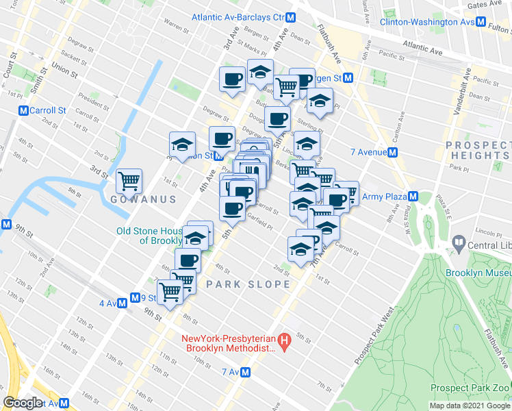 map of restaurants, bars, coffee shops, grocery stores, and more near 212 5th Avenue in Brooklyn