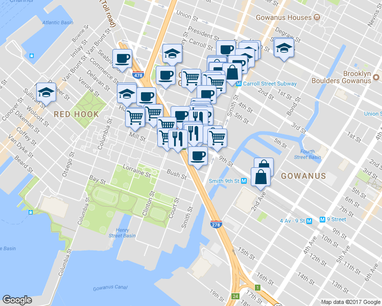 map of restaurants, bars, coffee shops, grocery stores, and more near 519 Court Street in Brooklyn
