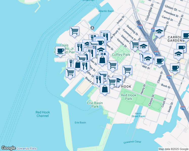 map of restaurants, bars, coffee shops, grocery stores, and more near 78 Coffey Street in Brooklyn