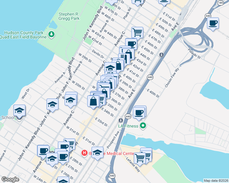 map of restaurants, bars, coffee shops, grocery stores, and more near 821 Broadway in Bayonne