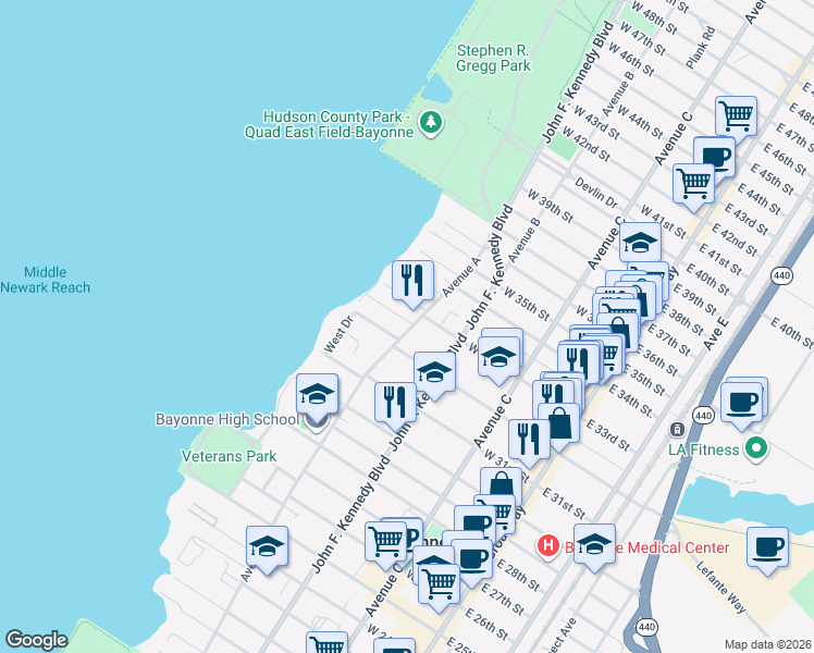map of restaurants, bars, coffee shops, grocery stores, and more near 154 West 33rd Street in Bayonne
