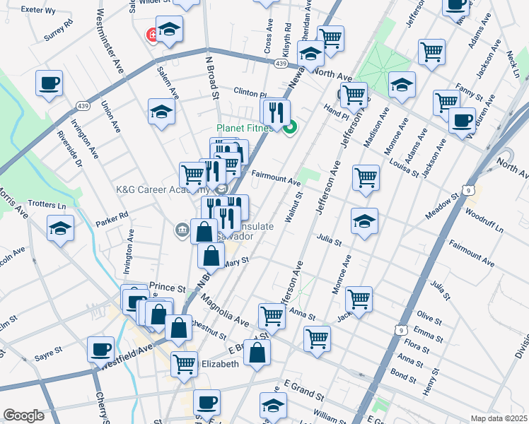 map of restaurants, bars, coffee shops, grocery stores, and more near 578 Pennsylvania Avenue in Elizabeth
