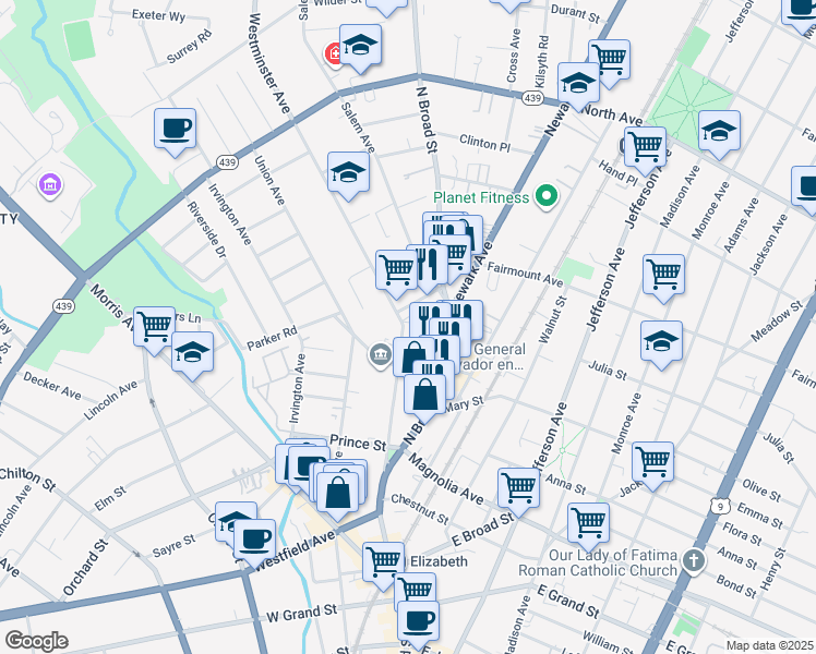 map of restaurants, bars, coffee shops, grocery stores, and more near 560-574 North Broad Street in Elizabeth