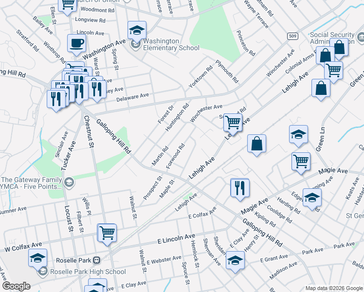 map of restaurants, bars, coffee shops, grocery stores, and more near 393 Martin Road in Union