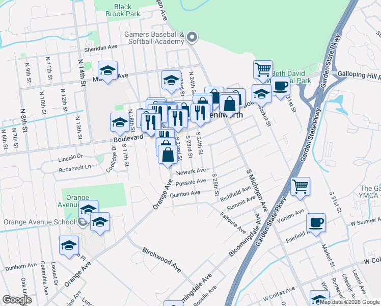 map of restaurants, bars, coffee shops, grocery stores, and more near in Kenilworth