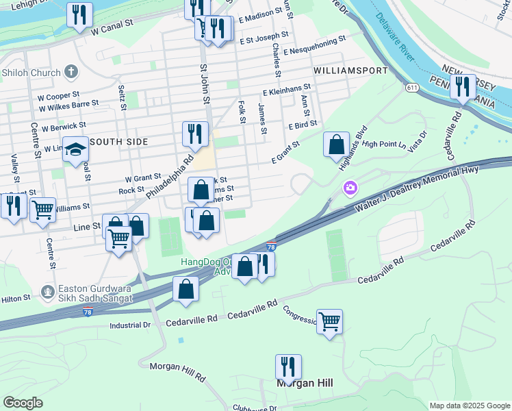 map of restaurants, bars, coffee shops, grocery stores, and more near 119 Reese Street in Easton
