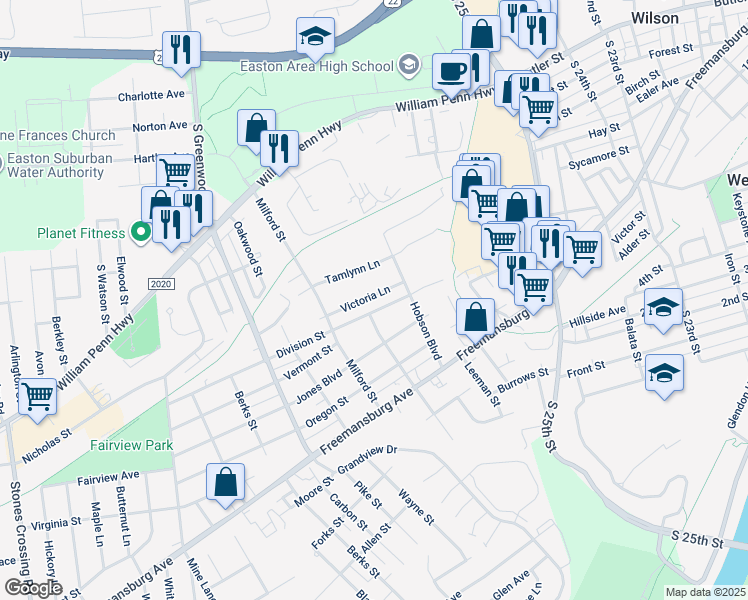 map of restaurants, bars, coffee shops, grocery stores, and more near 2726 Victoria Lane in Easton