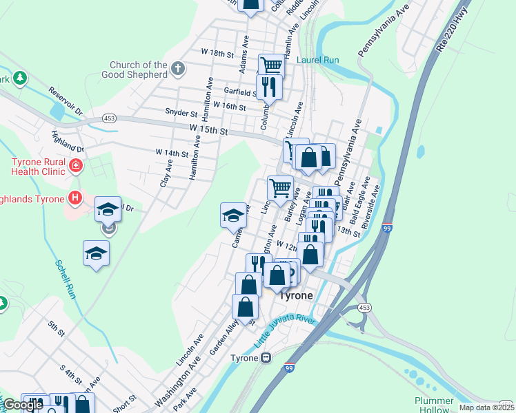 map of restaurants, bars, coffee shops, grocery stores, and more near 1311 Cameron Avenue in Tyrone