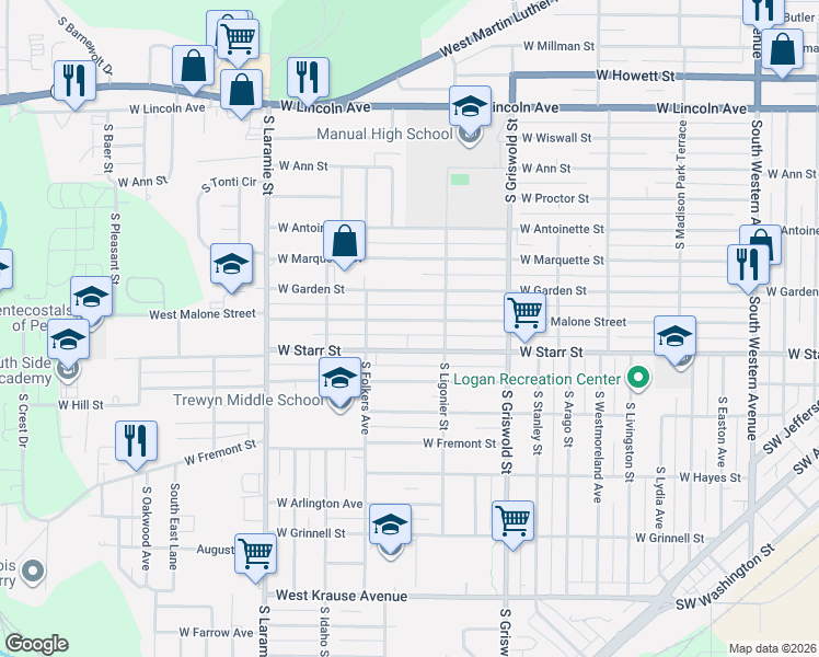 map of restaurants, bars, coffee shops, grocery stores, and more near 2805 West Malone Street in Peoria