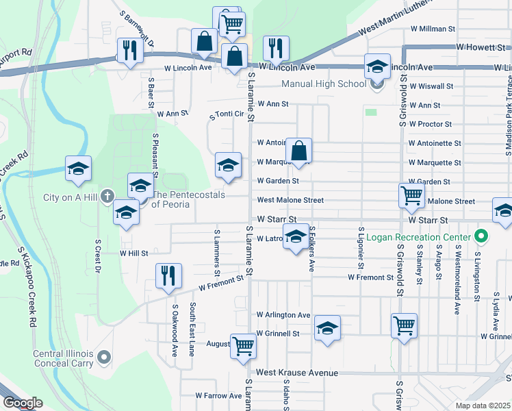 map of restaurants, bars, coffee shops, grocery stores, and more near 3027 West Malone Street in Peoria