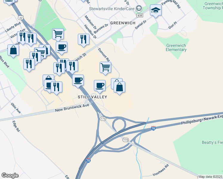 map of restaurants, bars, coffee shops, grocery stores, and more near 1200 New Brunswick Avenue in Phillipsburg