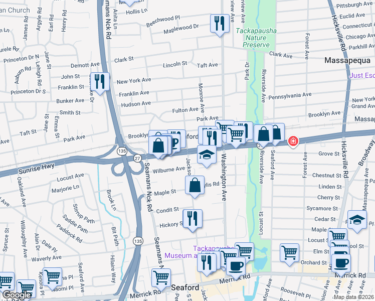 map of restaurants, bars, coffee shops, grocery stores, and more near West Sunrise Highway & Jackson Avenue in Seaford