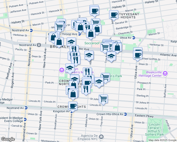 map of restaurants, bars, coffee shops, grocery stores, and more near 1362A Bergen Street in Brooklyn