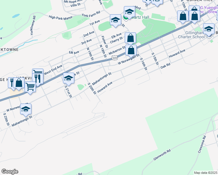 map of restaurants, bars, coffee shops, grocery stores, and more near 1921 Howard Avenue in Pottsville
