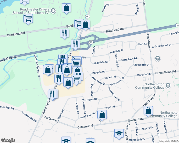 map of restaurants, bars, coffee shops, grocery stores, and more near 3075 Gloucester Drive in Bethlehem