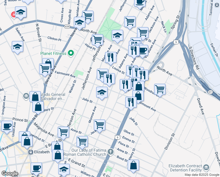 map of restaurants, bars, coffee shops, grocery stores, and more near 620 Adams Avenue in Elizabeth