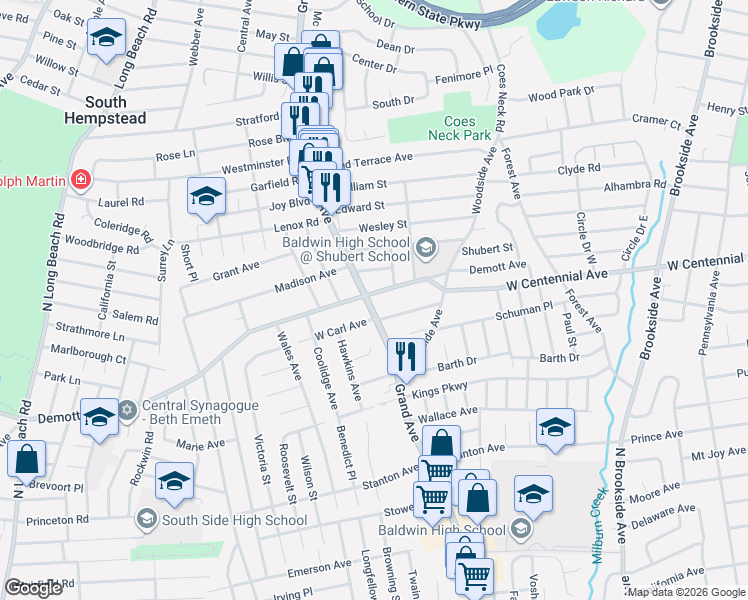 map of restaurants, bars, coffee shops, grocery stores, and more near in Baldwin