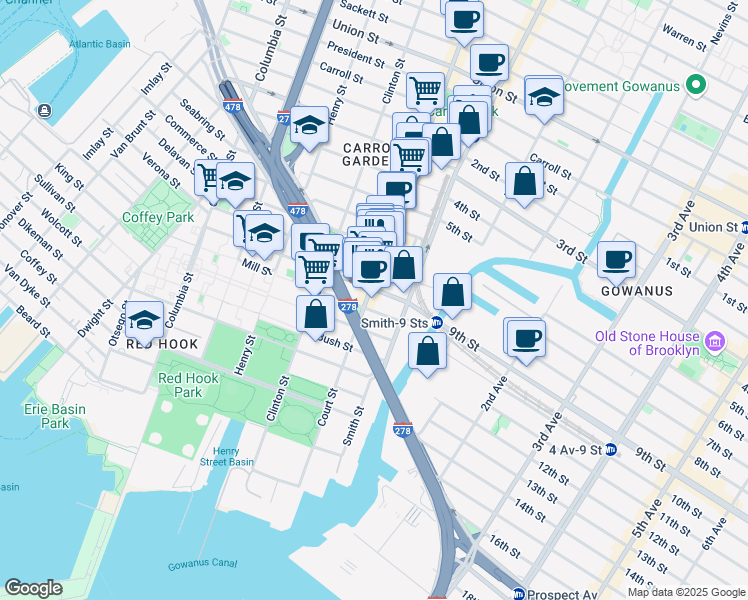 map of restaurants, bars, coffee shops, grocery stores, and more near 170 West 9th Street in Brooklyn