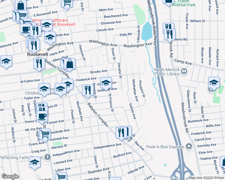 map of restaurants, bars, coffee shops, grocery stores, and more near 130 Gormley Avenue in Roosevelt