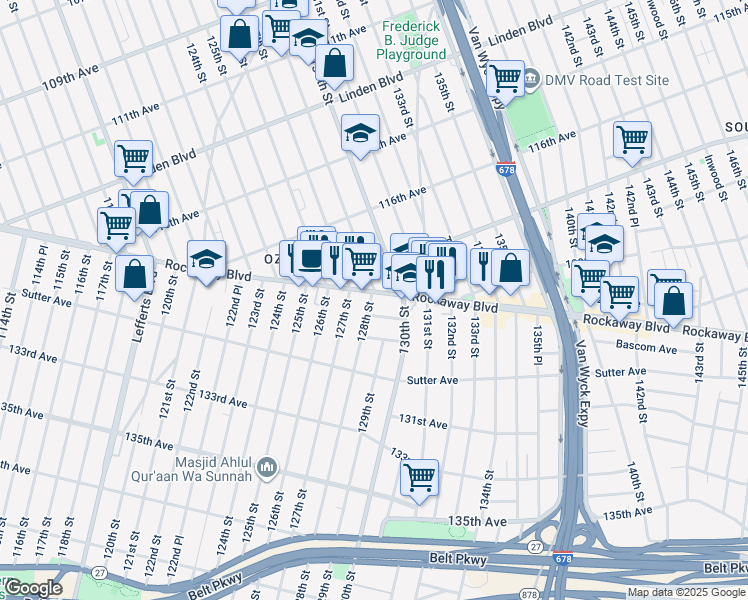 map of restaurants, bars, coffee shops, grocery stores, and more near 128-01 Rockaway Boulevard in Queens