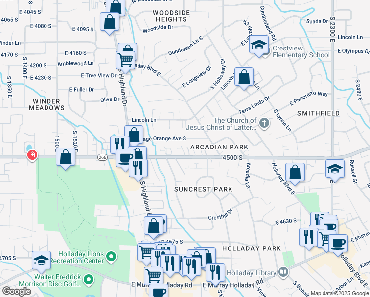 map of restaurants, bars, coffee shops, grocery stores, and more near 4474 Sonia Rose Court in Holladay