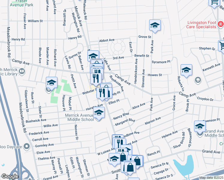map of restaurants, bars, coffee shops, grocery stores, and more near 26 East Garfield Street in Merrick
