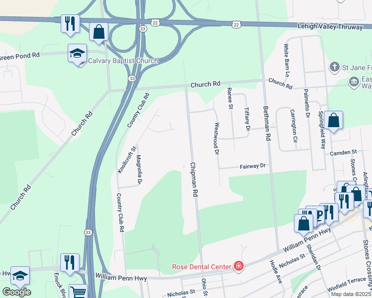 map of restaurants, bars, coffee shops, grocery stores, and more near 3649 Chipman Road in Easton
