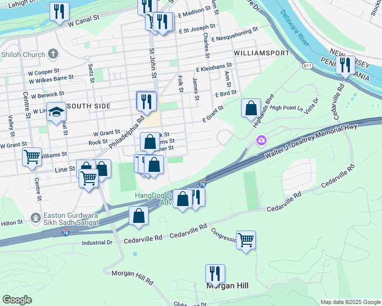 map of restaurants, bars, coffee shops, grocery stores, and more near 119 Reese Street in Easton