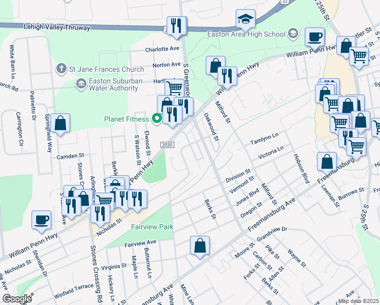 map of restaurants, bars, coffee shops, grocery stores, and more near 607 Kingwood Street in Easton