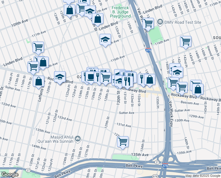 map of restaurants, bars, coffee shops, grocery stores, and more near 128-01 Rockaway Boulevard in Queens