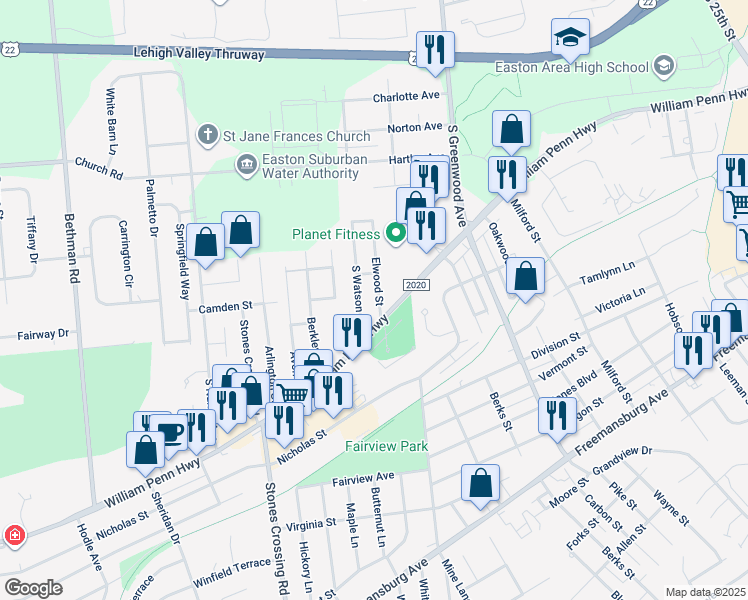 map of restaurants, bars, coffee shops, grocery stores, and more near 412 Elwood Street in Easton