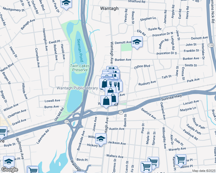 map of restaurants, bars, coffee shops, grocery stores, and more near 9 Ridgewood Drive in Wantagh