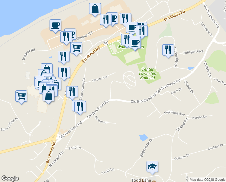 map of restaurants, bars, coffee shops, grocery stores, and more near 302 Center Manor Drive in Monaca