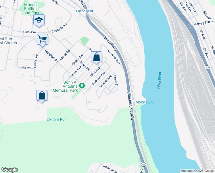 map of restaurants, bars, coffee shops, grocery stores, and more near 844 Summit Avenue in Monaca