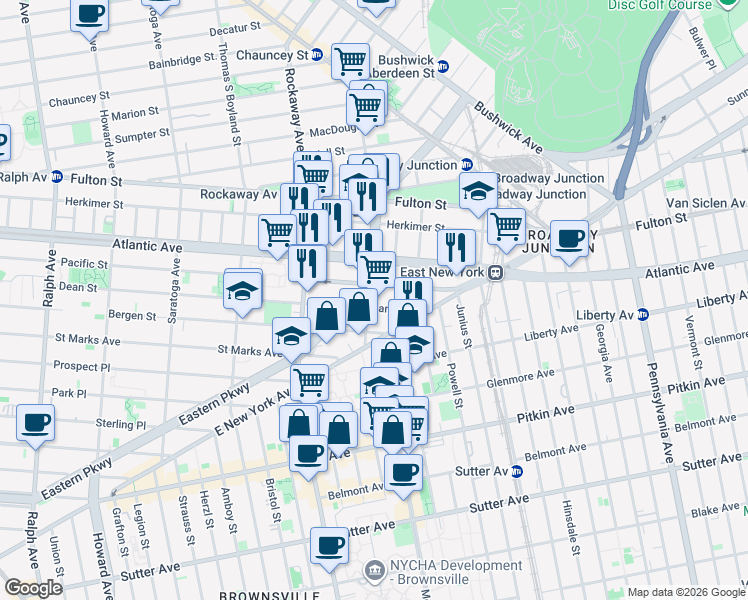 map of restaurants, bars, coffee shops, grocery stores, and more near 2397 Dean Street in Brooklyn