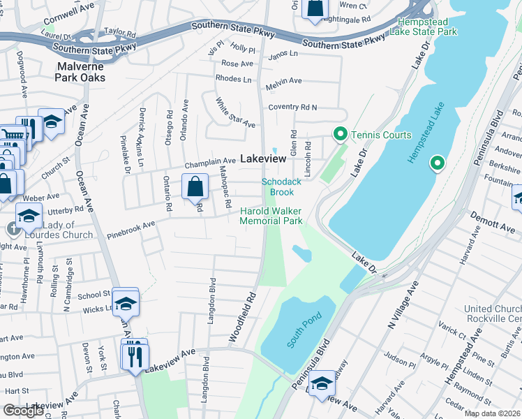 map of restaurants, bars, coffee shops, grocery stores, and more near 1060 Woodfield Road in West Hempstead