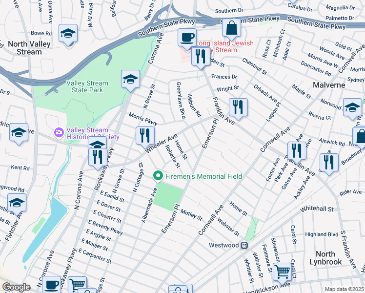 map of restaurants, bars, coffee shops, grocery stores, and more near 95 Home Street in Valley Stream