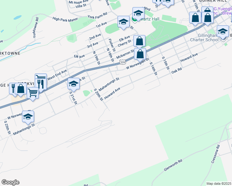 map of restaurants, bars, coffee shops, grocery stores, and more near 1921 Howard Avenue in Pottsville