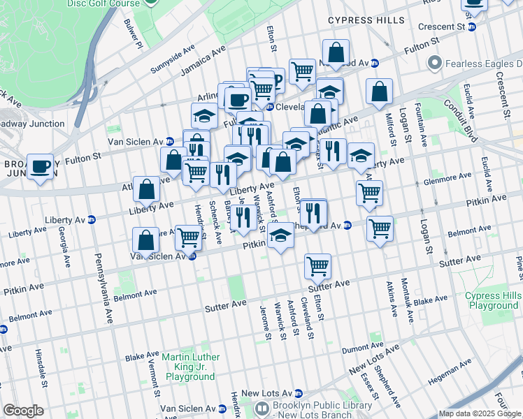 map of restaurants, bars, coffee shops, grocery stores, and more near 283 Ashford Street in Brooklyn