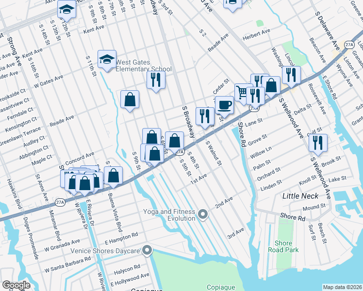 map of restaurants, bars, coffee shops, grocery stores, and more near 111 Spruce Street in Lindenhurst