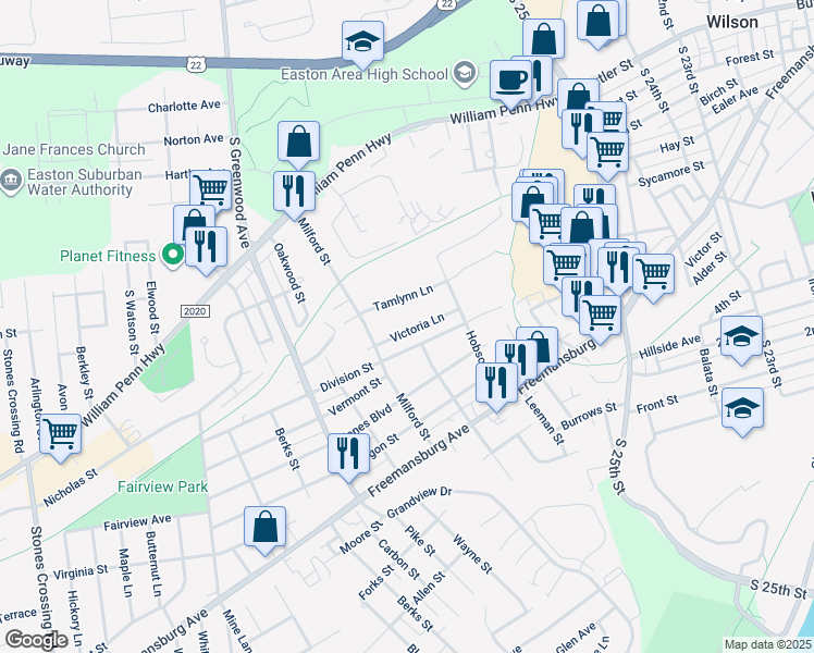 map of restaurants, bars, coffee shops, grocery stores, and more near 2743 Victoria Lane in Easton
