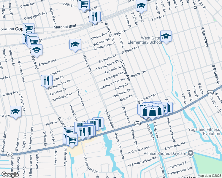 map of restaurants, bars, coffee shops, grocery stores, and more near 415 Greenlawn Terrace in Copiague