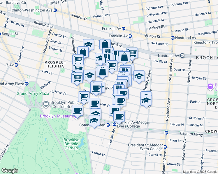 map of restaurants, bars, coffee shops, grocery stores, and more near 575 Park Place in Brooklyn