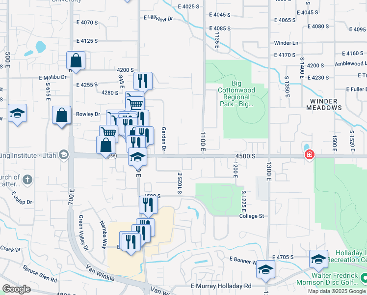 map of restaurants, bars, coffee shops, grocery stores, and more near 4443 South 1025 East in Millcreek