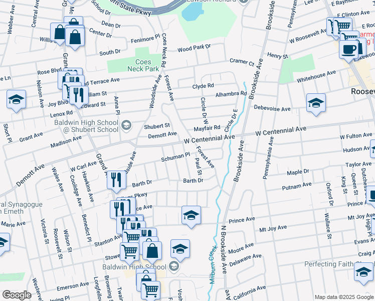 map of restaurants, bars, coffee shops, grocery stores, and more near 955 Demott Avenue in Baldwin