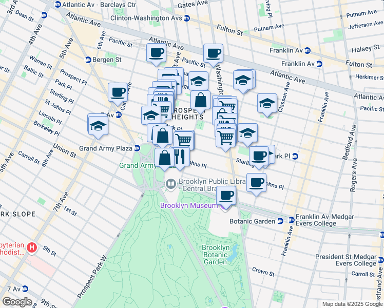 map of restaurants, bars, coffee shops, grocery stores, and more near 177 Underhill Avenue in Brooklyn