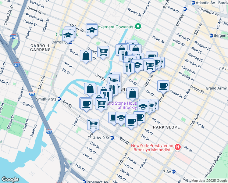 map of restaurants, bars, coffee shops, grocery stores, and more near 214 3rd Street in Brooklyn